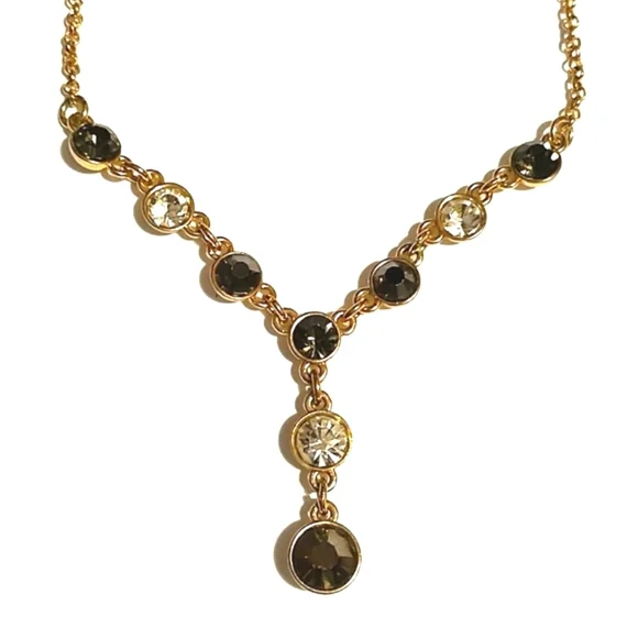 MONET VINTAGE GOLD-TONE DARK GRAY AND CLEAR RHINESTONE Y-SHAPED 15-18" NECKLACE - Picture 4 of 9